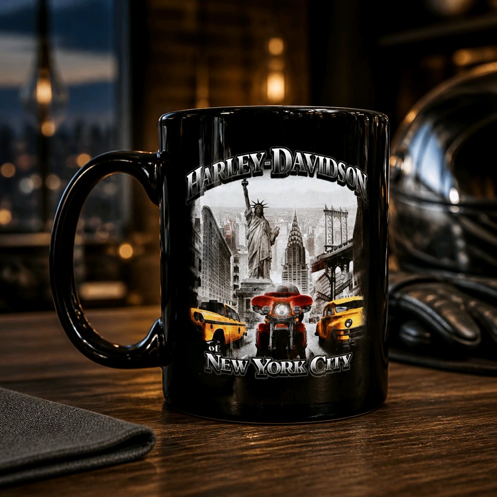 Harley Davidson Of NYC Dealer Skyline Yellow Cab coffee mug Ace