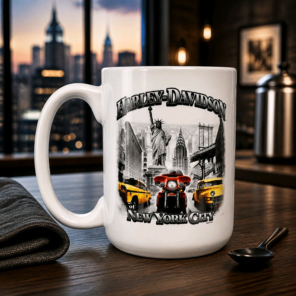 Harley Davidson Of NYC Dealer Skyline Yellow Cab coffee mug Ace