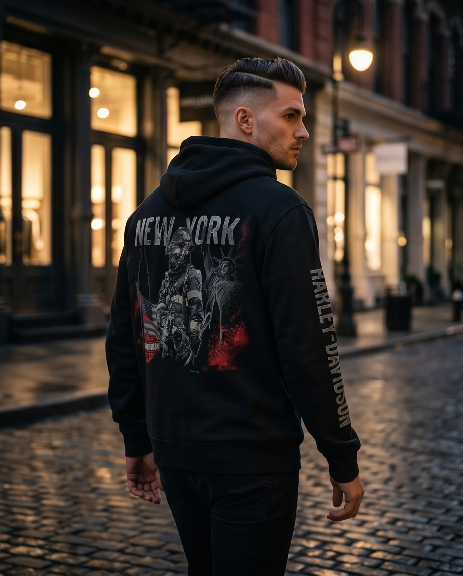 Harley Davidson of NYC Men's Brave Firefighter Skyline Zip Up Hoodie RkStratman