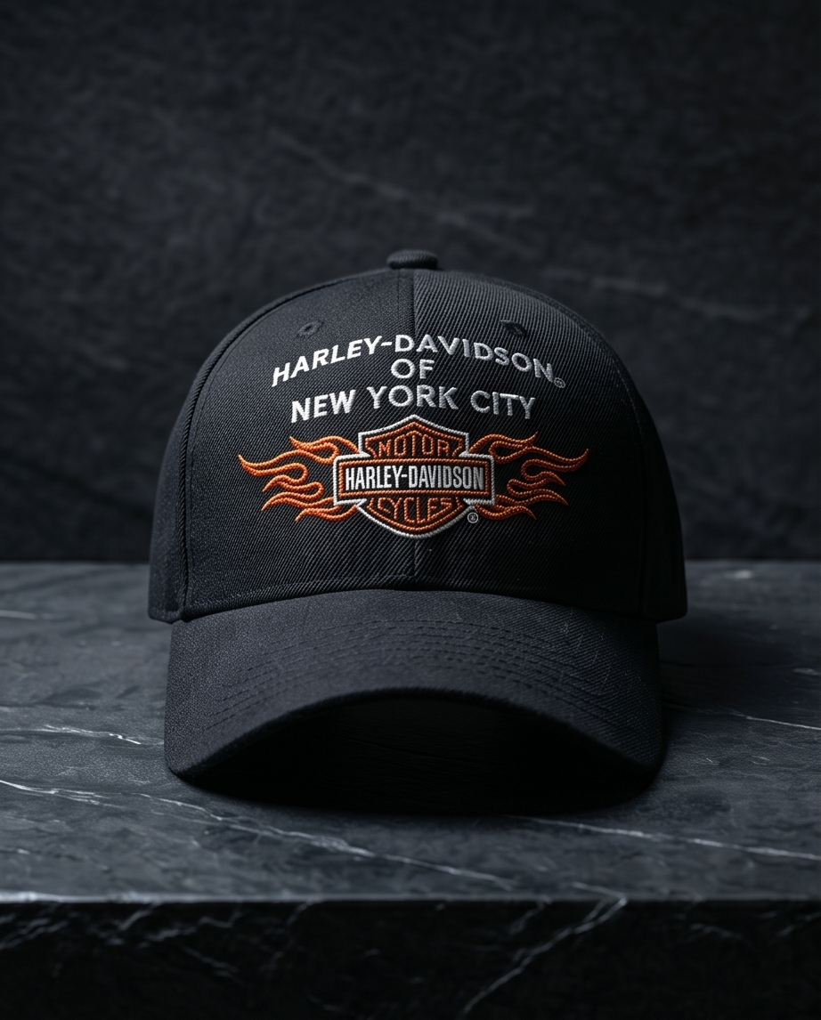Harley Davidson Of NYC Dealer Bar & Shield Flames Baseball Cap Black