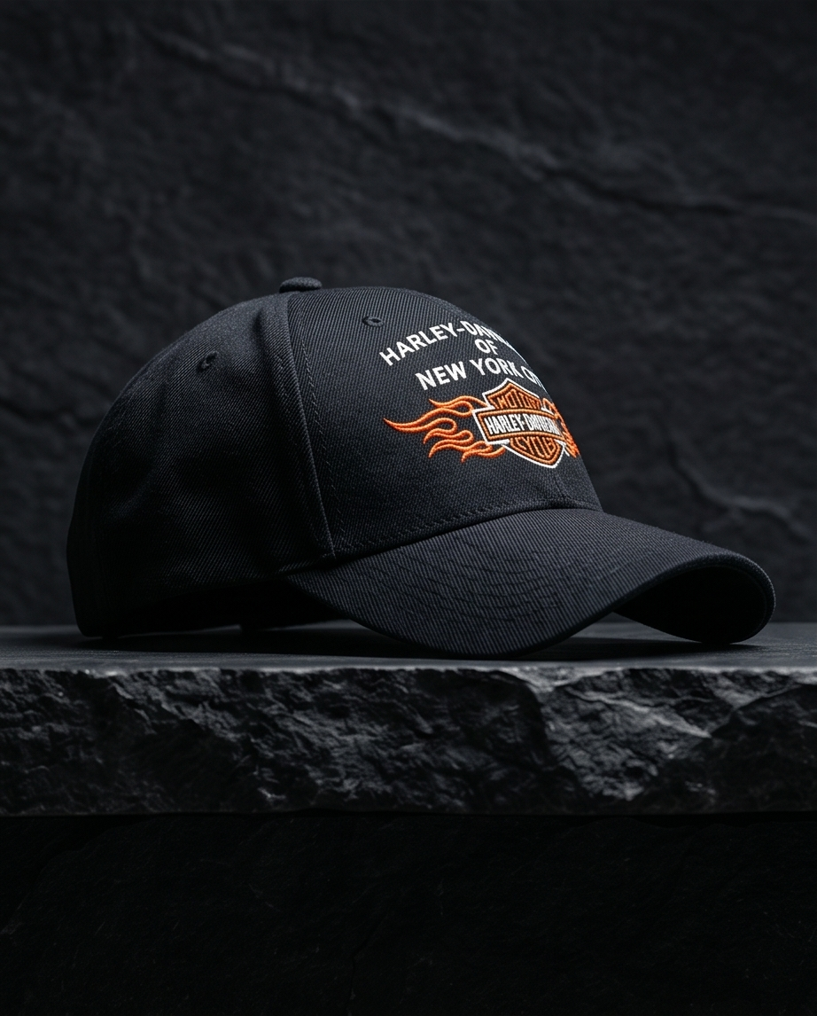Harley Davidson Of NYC Dealer Bar & Shield Flames Baseball Cap Black
