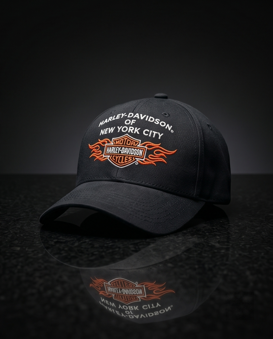 Harley Davidson Of NYC Dealer Bar & Shield Flames Baseball Cap Black
