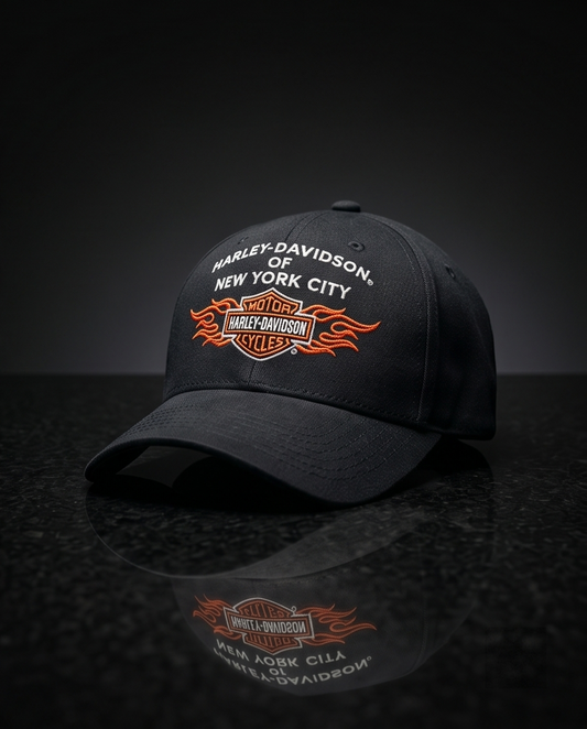 Harley Davidson Of NYC Dealer Bar & Shield Flames Baseball Cap Black