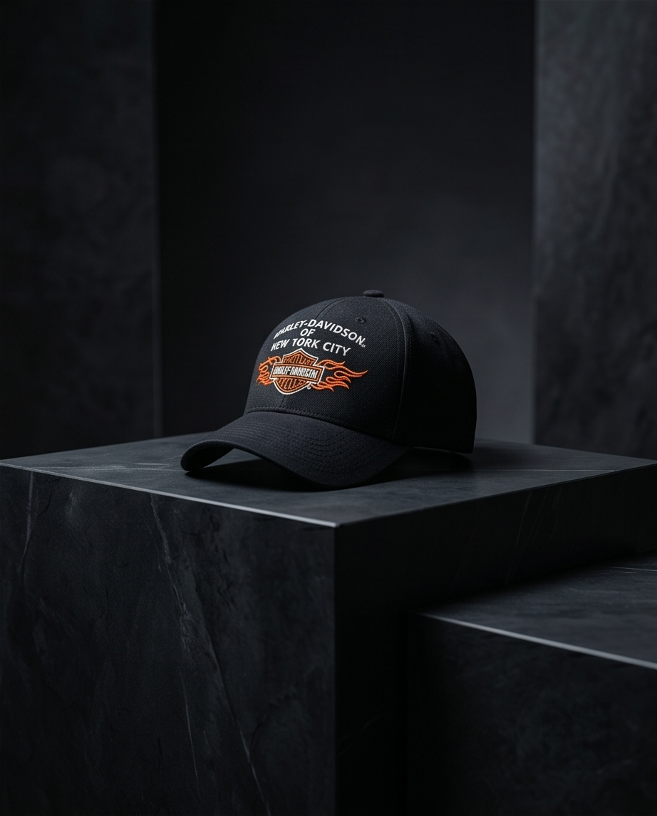 Harley Davidson Of NYC Dealer Bar & Shield Flames Baseball Cap Black